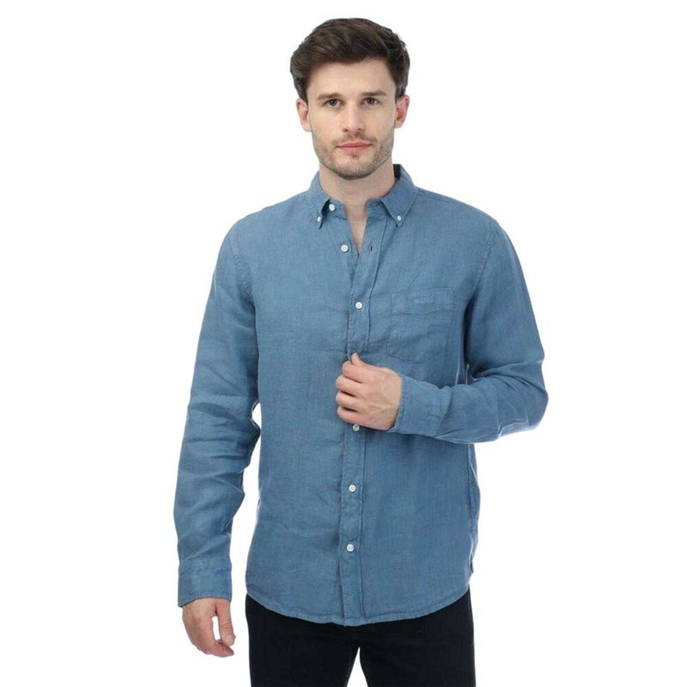 Gant Mens Linen Garment Dyed Long-Sleeved Shirt / Blue